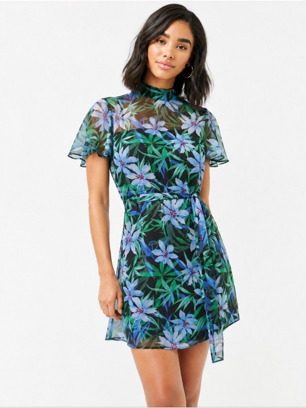 Forever 21 Sheer Floral Mock Neck Open Back Tie Waist Mini Dress - Picture 1 of 15